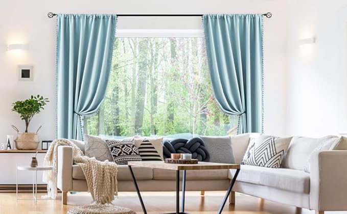 Treatmentex Blue Pompom Curtains for Bedroom Living Room 95 inch Triple Weave Half Blackout Window Curtains for Hotel Men's Guest Room Drapes 52" w x2 Panels Rod Pocket