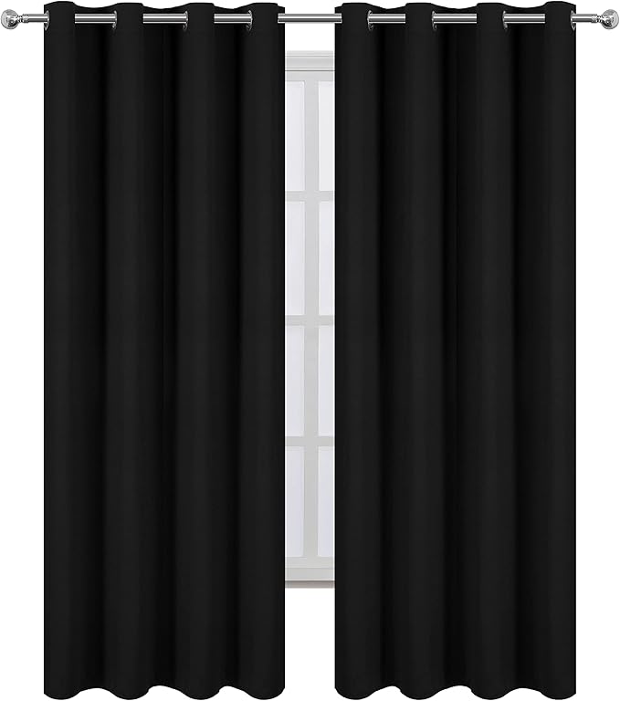 LEMOMO 100% Blackout Curtains 52 x 95 Inch Black Curtains 2 Panels Darkening Thermal Insulated Bedroom Curtains