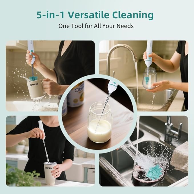 PARTNERJOY 6-in-1 Electric Baby Bottle Cleaner Kit - Rechargeable 360° Rotation Brush with 2-Speed Modes, Silicone/Nipple/Straw Brushes, Formula Mixer & Drying Rack for Home/Travel
