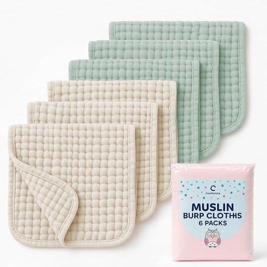 Comforista Burp Cloths 6 Pack, 20"x10" Large Size Muslin Fabric, Breathable & Lightweight, Soft & Gentle Burp Cloths Baby Girl & Boy, Machine Washable, Newborn Essentials Must Haves, Green & Beige
