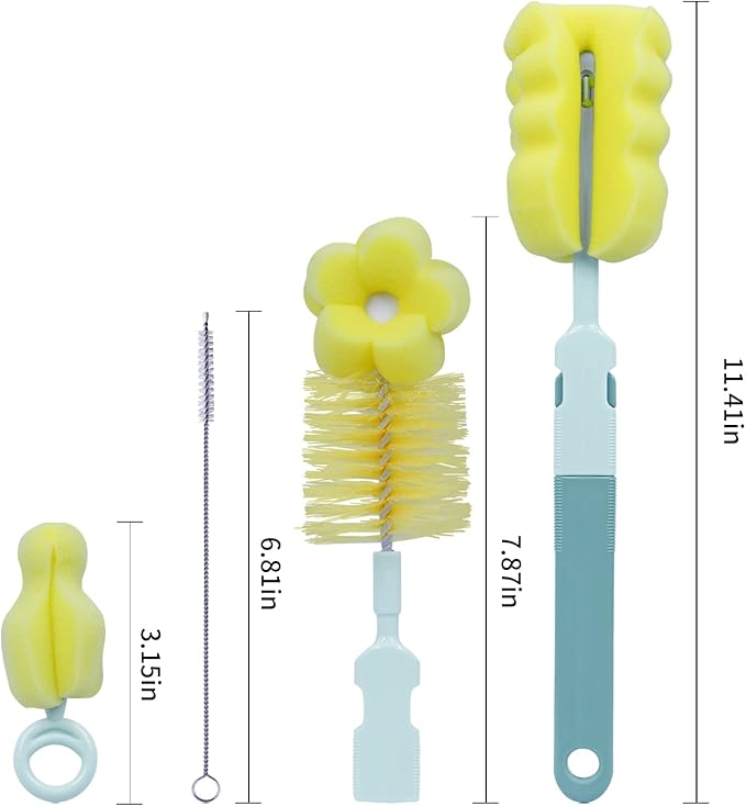 SEBIKAM 4-in-1 Baby Bottle Brush Set, Scratch-Free Sponge & Long Handle Cleaner for Wide/Standard Neck Bottles, Nipple, Sippy Cups & Straws, Quick Dry Design (Green)
