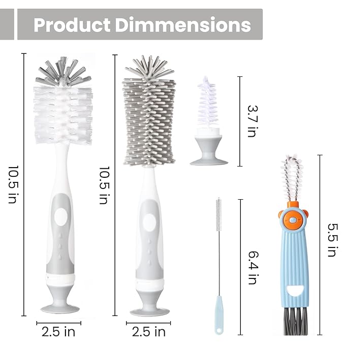 Ariseno 5-in-1 Baby Bottle Cleaner Set, Including Nylon & Silicone Bottle Brush, Cap, Straw & Nipple Brushes, BPA-Free (Grey)