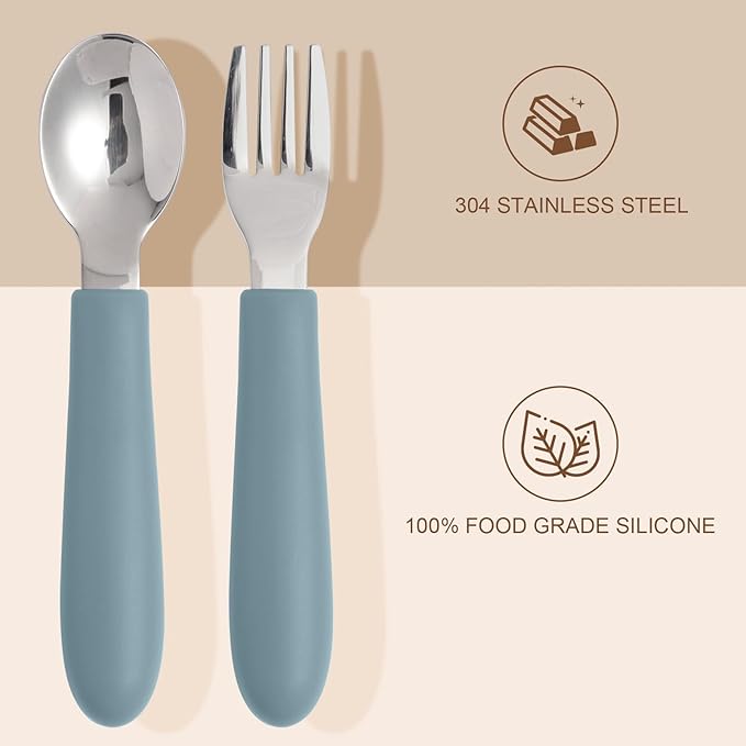 Eascrozn Toddler Utensils, Kids Silverware with Silicone Handle, Spoons and Forks Set, 18/8 Stainless Steel Children Safe Feeding Supplies, 6 Pack, Dishwasher Safe