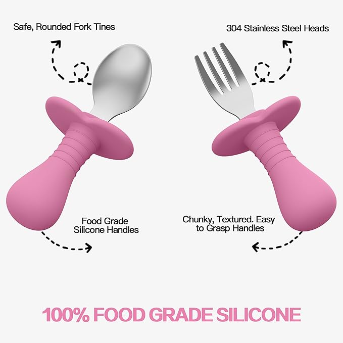2 Pieces Toddler Utensils Forks and spoons set, Stainless Steel Childrens Silverware for Safe flatware Metal Kids Cutlery set with Round Handle, BPA Free, Anti-Choke Design (Pink)