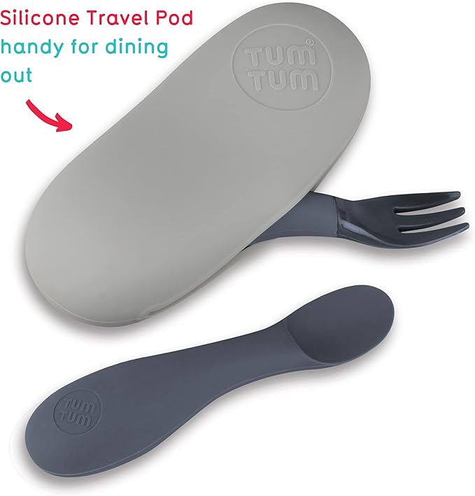 TUM TUM Baby Cutlery Set With Case, Spoon & Fork for Self Feeding, Silicone, 6 Months Plus (Grey)