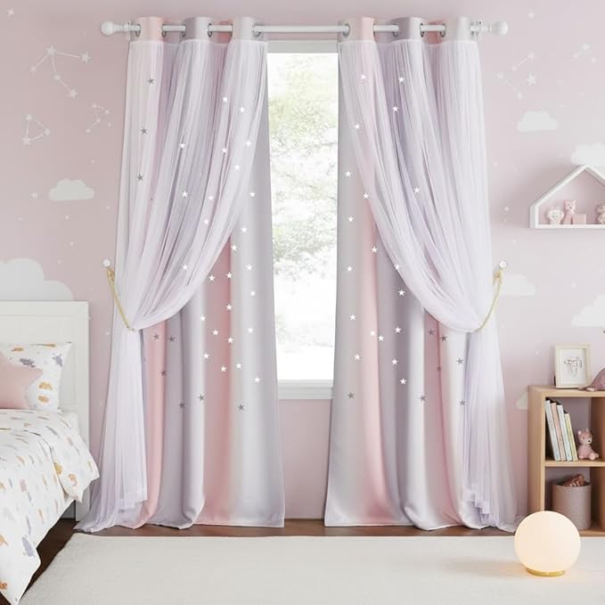 NICETOWN Girls Curtains for Bedroom 84 inches Long Nursery Blackout Nursery Star Cutout Pink & Grey Ombre Curtains for Living Room Decor, 2 Panels, 42" Wide per Panel, Pink & Grey
