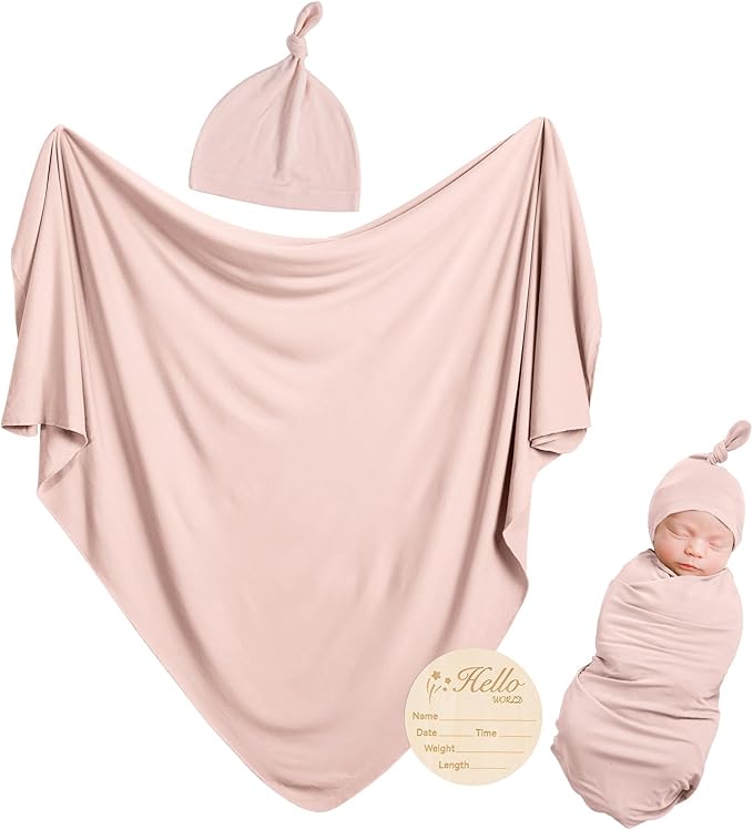 Rayon Made from Bamboo Newborn Swaddle Blanket Set with Matching Beanie, Super Soft Stretchy Baby Clothes Outfit for Girl Boy, Receiving Blankets Newborn Essentials, 47 x 47 Inch