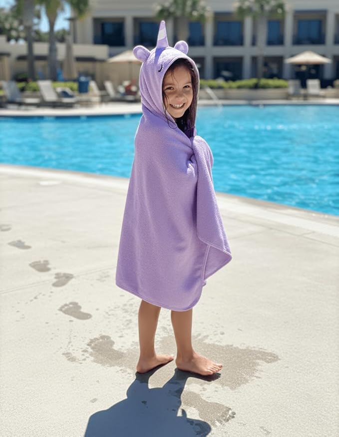 BAGNO MILANO Kids Organic Turkish Cotton Hooded Beach Cover-Up Towel, GOTS Certified, for Boys and Girls (Unicorn Purple, 24"x48"+8"/Hooded Towel)