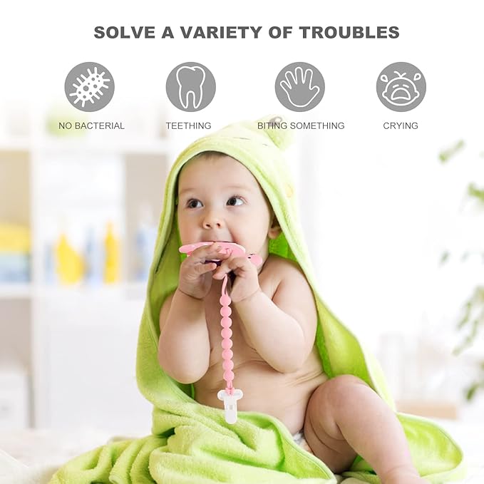 Baby Teething Toys for Babies 3-6 6-12 Months, Dinosaur Teether Pain Relief Toy with One Piece Design Pacifier Clip Holder Set, Freezer Safe Neutral Shower Gift for Boys and Girls (Pink)