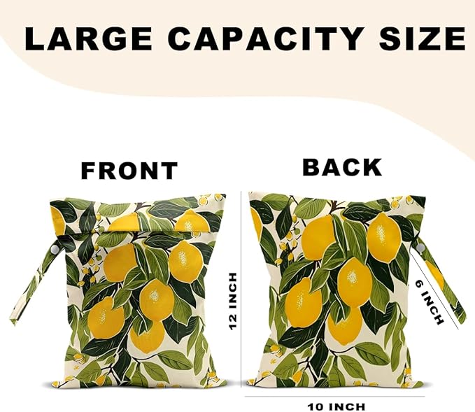 Summer Lemon Wet Bag 12x10 Inch, Rustic Lemon Waterproof Travel Laundry Bags, Washable Reusable Wet Dry Bag for Swimsuit Beach Diapers Dirty Yoga Gym Clothes, Plant Gifts for Women Friend