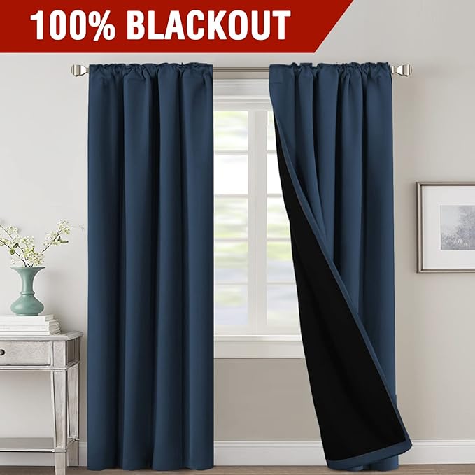 H.VERSAILTEX 100% Blackout Curtains for Bedroom with Black Liner Full Room Darkening Curtains Thermal Insulated Back Tab/Rod Pocket Window Drapes for Living Room, 2 Panels, 42 x 84 Inch, Navy
