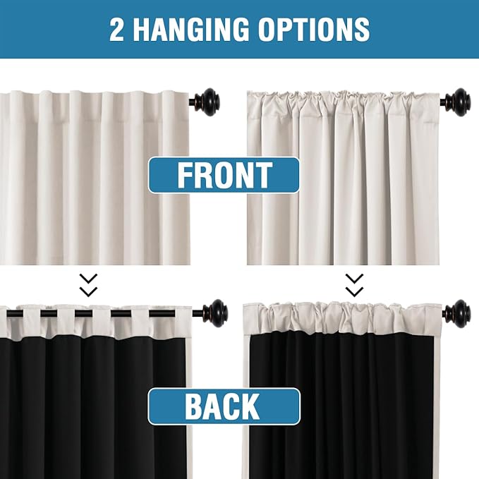 H.VERSAILTEX 100% Blackout Curtains for Bedroom with Black Liner Full Room Darkening Curtain 96 Inch Long Thermal Insulated Back Tab/Rod Pocket Window Drapes for Living Room, 2 Panels, Fog