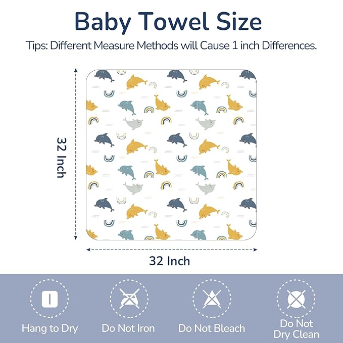 Muslin Hooded Baby Towels 2 Pack, Ultra Soft & Absorbent Baby Bath Towels, Bath & Beach Essentials, Shower Gifts for Newborns, Babies, Infant, Toddler - 32x32 Inch (Dolphin & Dinosaur)