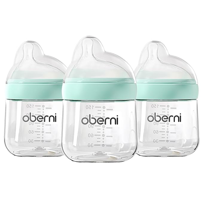 Oberni Baby Bottles with Slow Off-Centered Nipple for 0+ Months, Anti Colic Newborn Milk Feeding Bottle, 150ml/5oz/Blue/3Pack