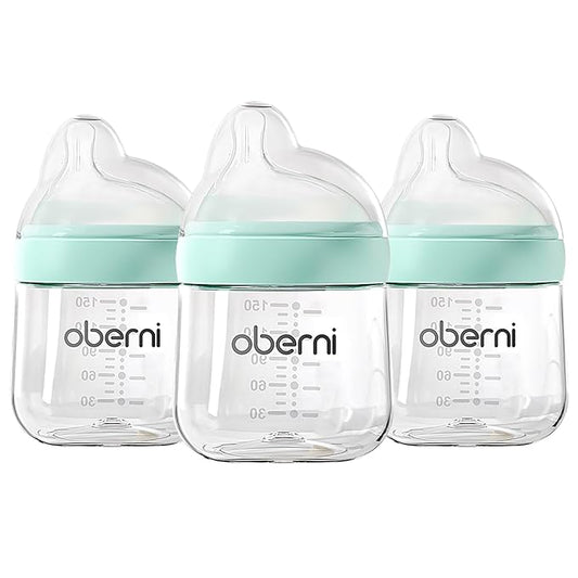 Oberni Baby Bottles with Slow Off-Centered Nipple for 0+ Months, Anti Colic Newborn Milk Feeding Bottle, 150ml/5oz/Blue/3Pack