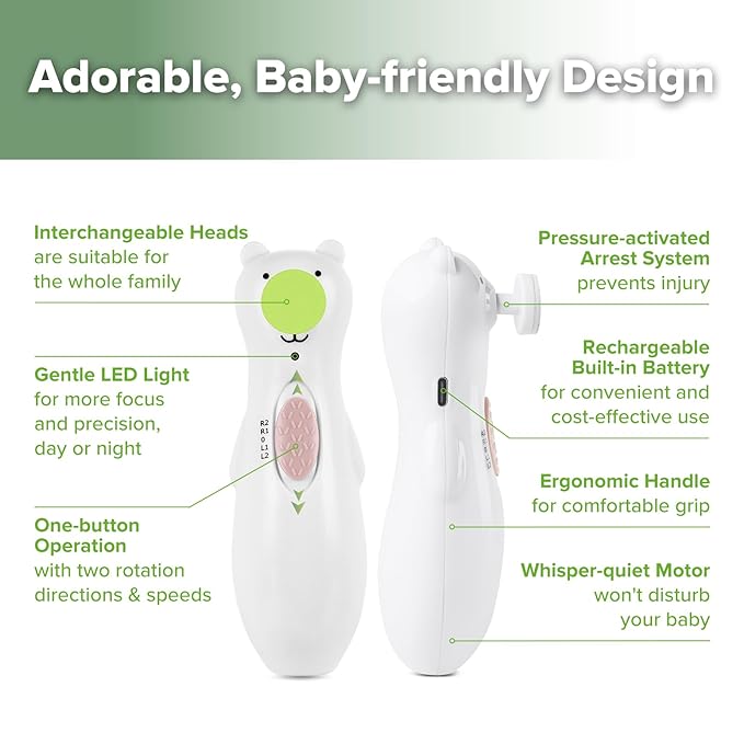 haakaa Rechargeable Baby Nail File Baby Nail Trimmer Electric with LED Light, Rechargeable Baby Nail Clippers for Newborn/Adults Toes and Fingernails, Additional Replacement Heads & Charging Cable