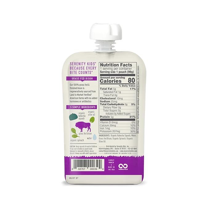 Serenity Kids 6+ Months Baby Food Pouches Puree Made With Ethically Sourced Meats & Organic Veggies | 3.5 Ounce BPA-Free Pouch | Grass Fed Bison, Kabocha Squash, Spinach | 1 Count