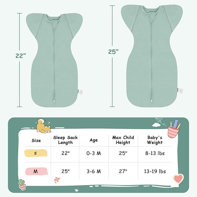 MEXXI Swaddle Baby Sleep Sack with Arms Up, 2 Pack Baby Transitional Swaddle With Double Zipper, 0.5 TOG, 13-19 lbs, M