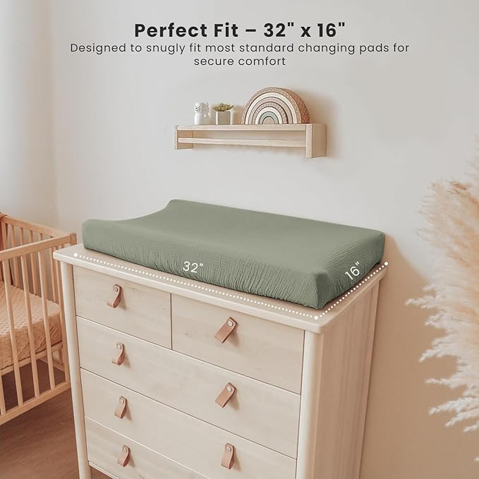 Konssy 2 Pack Muslin Changing Pad Cover for Baby Girls Boys 100% Cotton Fitted Diaper Changing Table Cover Set, Soft Changing Pad Sheets (Rabbit,Fog Green)