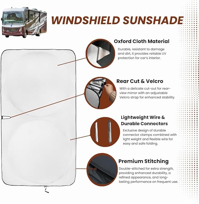 kinder Fluff Windshield Sunshade for RV Class-A | Reflective Patented Sun Protection - Certified 99% UVR Block | Foldable Sun Cover | Automotive Sun Shades for Your Motorhome, Truck, Bus |Size 98"x46"