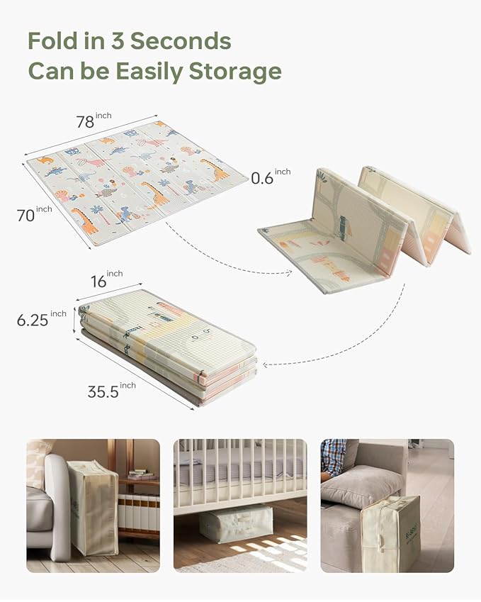 Baby Play Mat Foldable Baby Floor Play Mat 0.6" Thick Soft Foam Playmat for Babies Reversible Waterproof Padded Baby Girl Play Mat Portable Baby Crawling Mat for Indoor Outdoor
