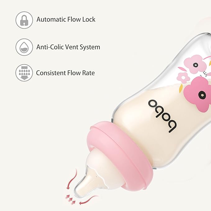 YOHKOH Natural Glass Baby Bottle with Level 1 Slow Flow Nipple, Newborn Anti-Colic Baby Bottles, Wide Neck Mushroom Baby Glass Bottle ((5.4oz (Pack of 4), Multicolour)
