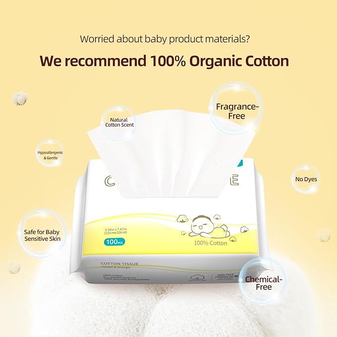 Winner 100% Cotton Dry Wipes, USDA Certified Baby Wipes, Soft & Gentle, Hypoallergenic & Unscented for Baby Sensitive Skin, Use Wet/Dry for Diaper Changes, Meals & Cleanup, Pack of 1, 100 pcs