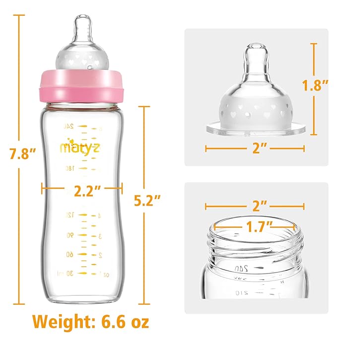 Matyz Glass Breastmilk Baby Feeding Bottle with Nipple, 4 Pack, 8 oz Slim and Light Bottle Easy to Hold, Food Grade Borosilicate Glass, Wide Neck Easy to Clean, No BPA (Pink Lids)
