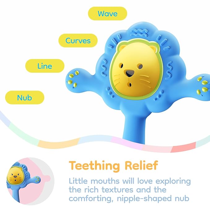 Lion Teething Toys for Babies, Soft Silicone Teether Rattle for Teething Relief 3 5 6 8 9 10 12 18 Months | BPA Free Montessori Sensory Toy for Baby Toddler Motor Skill Development, Blue