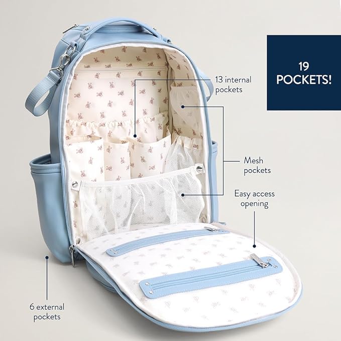 Itzy Ritzy Diaper Bag Backpack – Large Capacity Boss Plus Baby Backpack Diaper Bag Featuring 19 Pockets, Changing Pad, Stroller Clips, and Comfortable Straps (Teddy Blue)