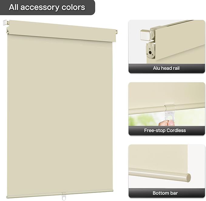LazBlinds No Drill Blinds for Indoor Windows, Blackout Roller Shades, Cordless Window Blackout Blinds, Thermal Insulated Fabric UV Protection for Home and Office, 28" W x 72" H, Beige