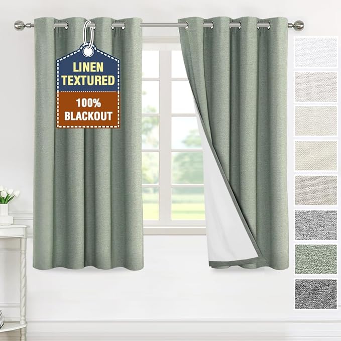H.VERSAILTEX 100% Blackout Curtains for Bedroom Thermal Insulated Linen Textured Curtains Full Light Blocking Drapes Living Room Curtains 2 Panel Sets, 52x63 Inch, Heather Sea Foam(Not Solid)