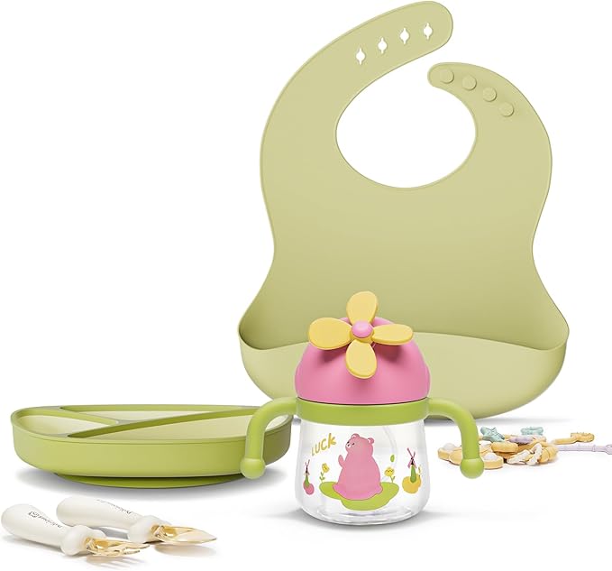 EMOJOY Silicone Baby Feeding Set, Toddler Plates Set 8 PCS – Suction Plate, Spoons, Forks, Bibs and Sippy Cups, Baby Led Weaning Essential, BPA-Free Baby Dishes & Utensils, Dishwasher Safe