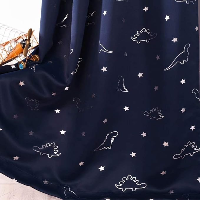 LORDTEX Dinosaur and Star Foil Print Blackout Curtains for Kids Room - Thermal Insulated Curtains Noise Reducing Window Drapes for Boys and Girls Bedroom, 52 x 95 Inch, Navy, Set of 2 Panels