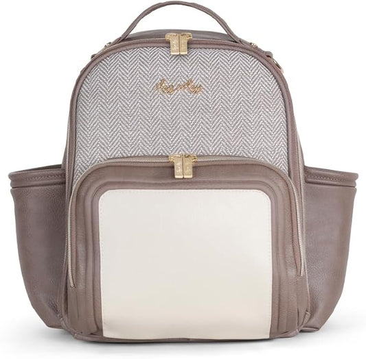 Itzy Ritzy Mini Diaper Bag Backpack – Chic, Compact Mini Plus Backpack with Changing Pad, 10 Pockets (6 Internal, 4 External), Grab-Top Handle & Rubber Feet (Vanilla Latte)