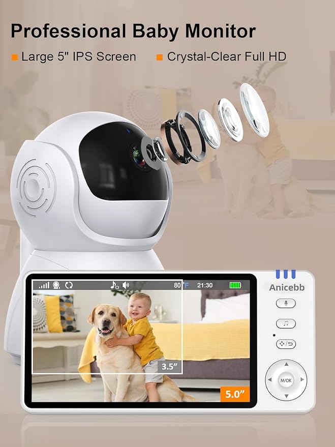 Video Baby Monitor with 2 Cameras, 5" LCD Display, No WiFi Hack-Proof Security, Remote Pan-Tilt-Zoom, 31H Battery Life, 1000ft Range, Night Vision, Temperature & Cry Alarms