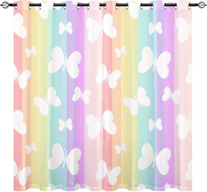 Rainbow Butterfly Blackout Curtains W27.5 x L39 Inch Grommet Room Darkening Window Drapes Girls Kids White Butterflies on Colorful Stripes Print Pattern for Living Room Bedroom 2 Panels