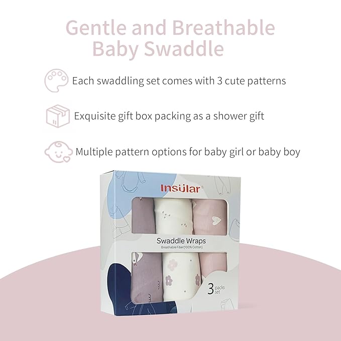 insular Baby Swaddle Wrap, Swaddle Blanket for Newborn and Infant, Adjustable Swaddling Set for Boy and Girl, Soft Cotton Baby Sleep Sack 3 Pack, Seagull, Medium(3-6 Month)