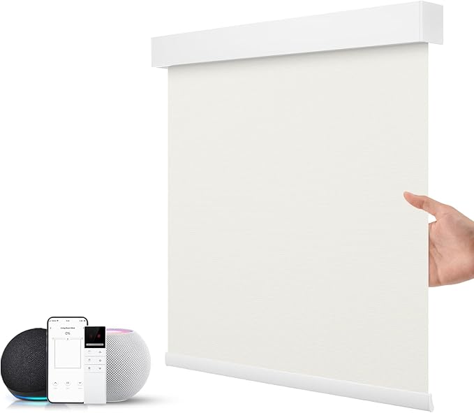ZSTARR Motorized Smart Blind for Window with Remote Control, Automatic Blackout Roller Shade Customizable Size,with Valance Child Safety Rechargeable Battery Blinds (Milky White)