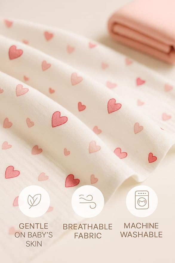 Soft 100% Cotton Swaddles for Newborns, 2- Pack - Large, Breathable Baby Blanket - Versatile, Durable Muslin Swaddle Blankets - Perfect Newborn Essentials (Hearts/Pink)