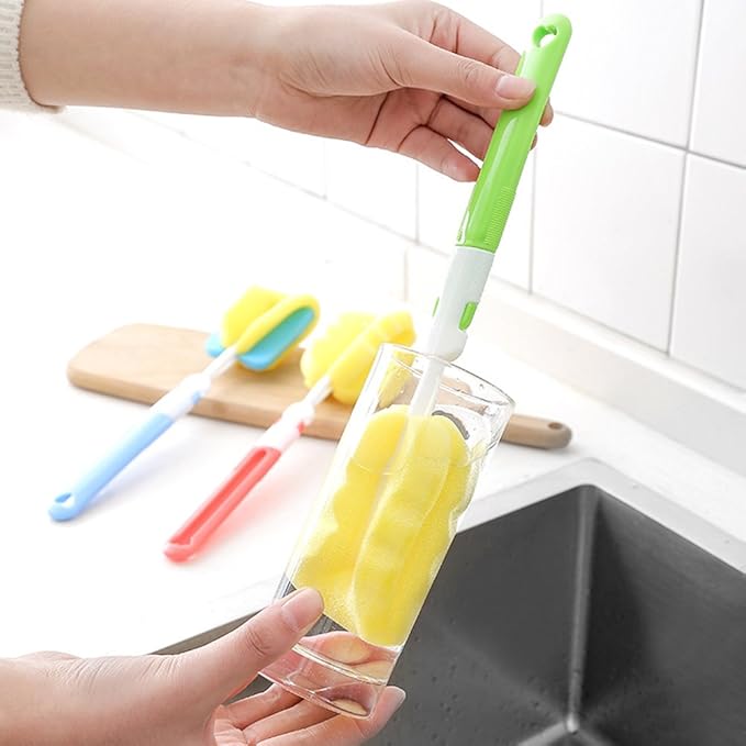 Replaceable Cleaning Bottle Sponge Brush with Long Handle Cleaner Soft for Baby Bottle,Kitchen Clean, Glasses,Mugs Cup, 11 inch