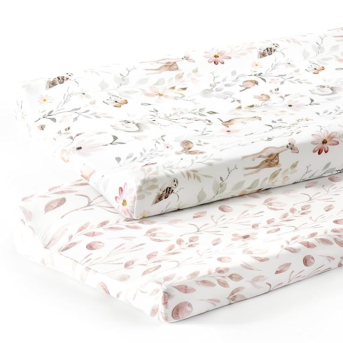 GRSSDER Stretch Ultra Soft Jersey Knit Changing Pad Cover Set 2 Pack, Change Table Pad Covers Fit 32"/34" x 16" Pads Safe and Snug, Beautiful Blush Pink Floral and Cute Animals Print for Girls