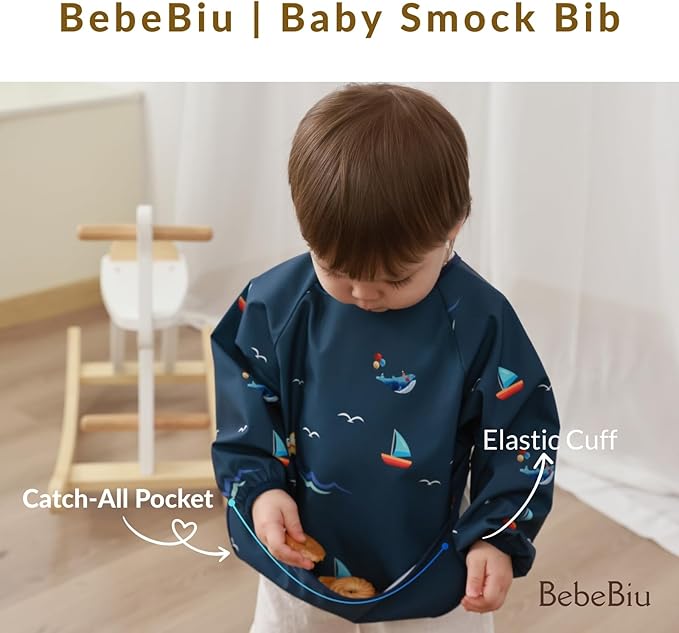 BebeBiu Long Sleeve Baby Bib, Waterproof Fabric, Catch-All Pocket, Baby Smock Bib, Adjustable Sleeves
