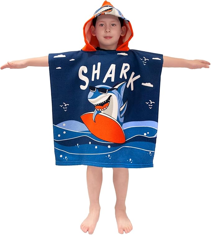 Hooded Kids Beach Towels - Toddler Bath Towel Girls Boys Swim Cover-ups for Ages 1 to 6 Kids Pool Towels Quick Dry Lightweight Soft Microfiber Poncho Towel 24x23 (Shark Surfing)