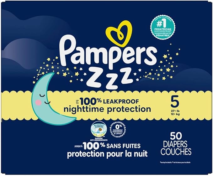 Pampers ZZZ Overnight Diapers, Size 5 (27+ lbs), 50 Count, Nighttime Protection Disposable Baby Diaper, Night Time Leak and Skin Protection
