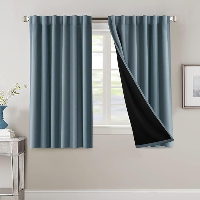 H.VERSAILTEX 100% Blackout Curtains for Bedroom with Black Liner Full Room Darkening Curtains 54 Inches Long Thermal Insulated Back Tab/Rod Pocket Window Drapes for Living Room, 2 Panels, Stone Blue
