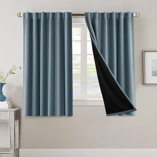 H.VERSAILTEX 100% Blackout Curtains for Bedroom with Black Liner Full Room Darkening Curtains 54 Inches Long Thermal Insulated Back Tab/Rod Pocket Window Drapes for Living Room, 2 Panels, Stone Blue