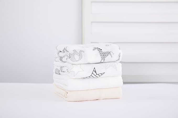 Muslin Swaddle Blankets for Baby Boys and Girls, 4-Pack Breathable and Skin-Friendly Receiving Blanket Wrap, Baby Essentials, Registry & Gift, 47 x 47 inches (Monochrome Safari)