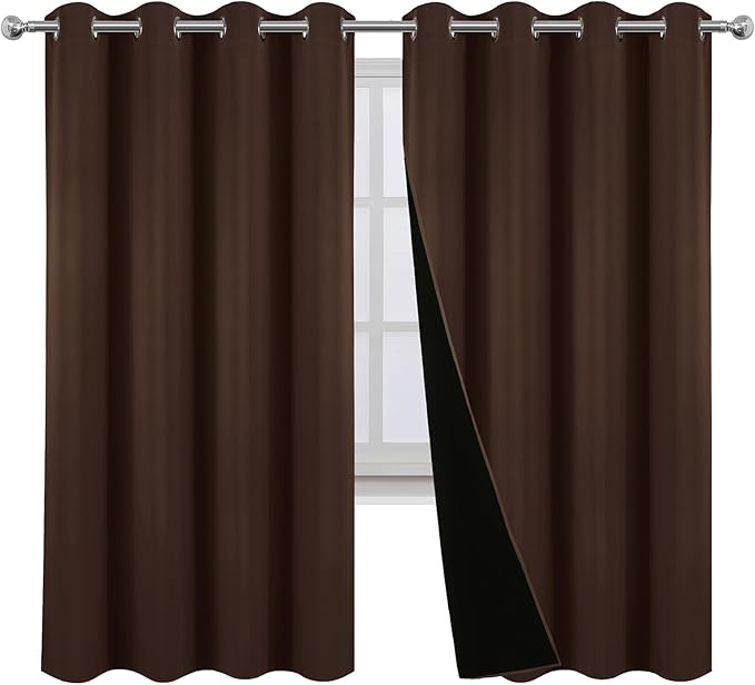 LEMOMO 100% Blackout Curtains 52 x 63 Inch Chocolate Brown Curtains 2 Panels Darkening Thermal Insulated Bedroom Curtains