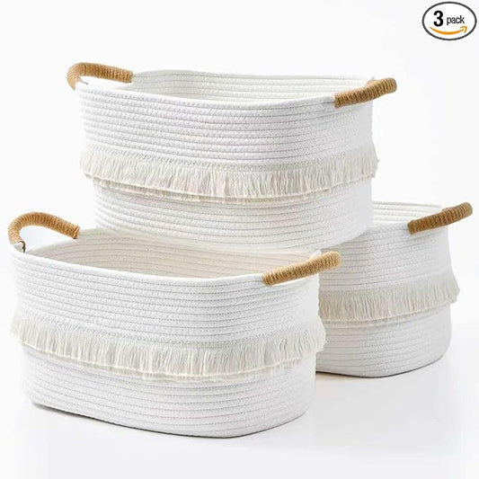 Storage Bins Woven Baskets for Storage Set of 3, Cotton Rope Basket with Handles for Toys/Shelves/Laundry, Rectangle Multi-Purpose Organizer for Living Room, Bedroom, Nursery (White)